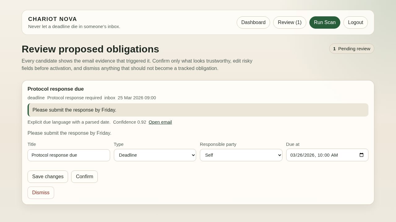 The MVP review queue showing a proposed deadline, its email evidence, editable fields, and confirm and dismiss controls.
